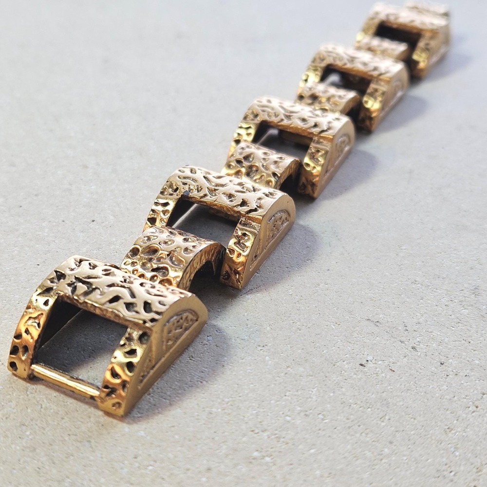 Vtg 60s Tortolani Brutalist Gold Tone Hammered Link Bracelet Modernist Statement